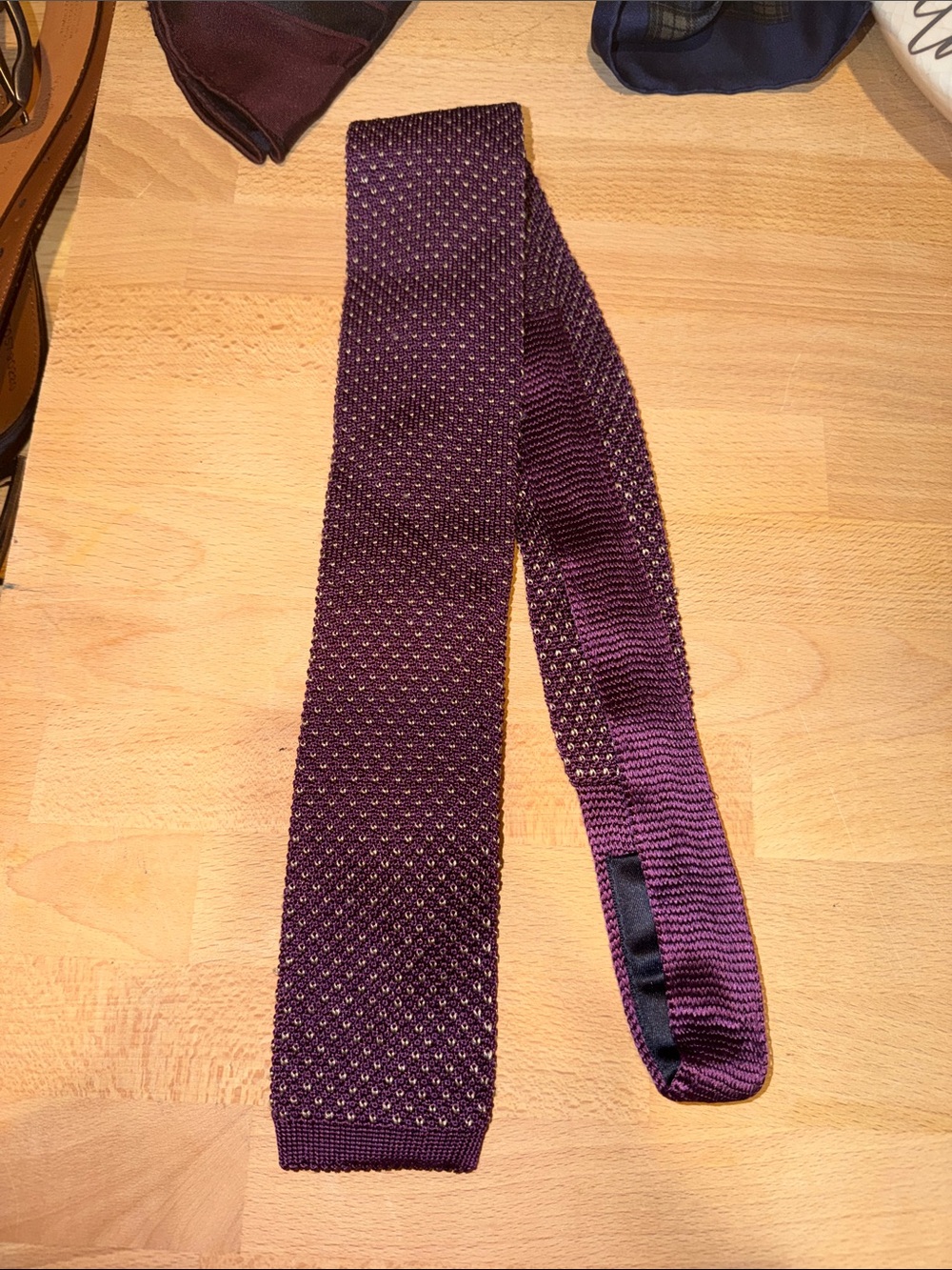 Brooks Brothers Knit Tie in Deep Purple with Gold Stitching
